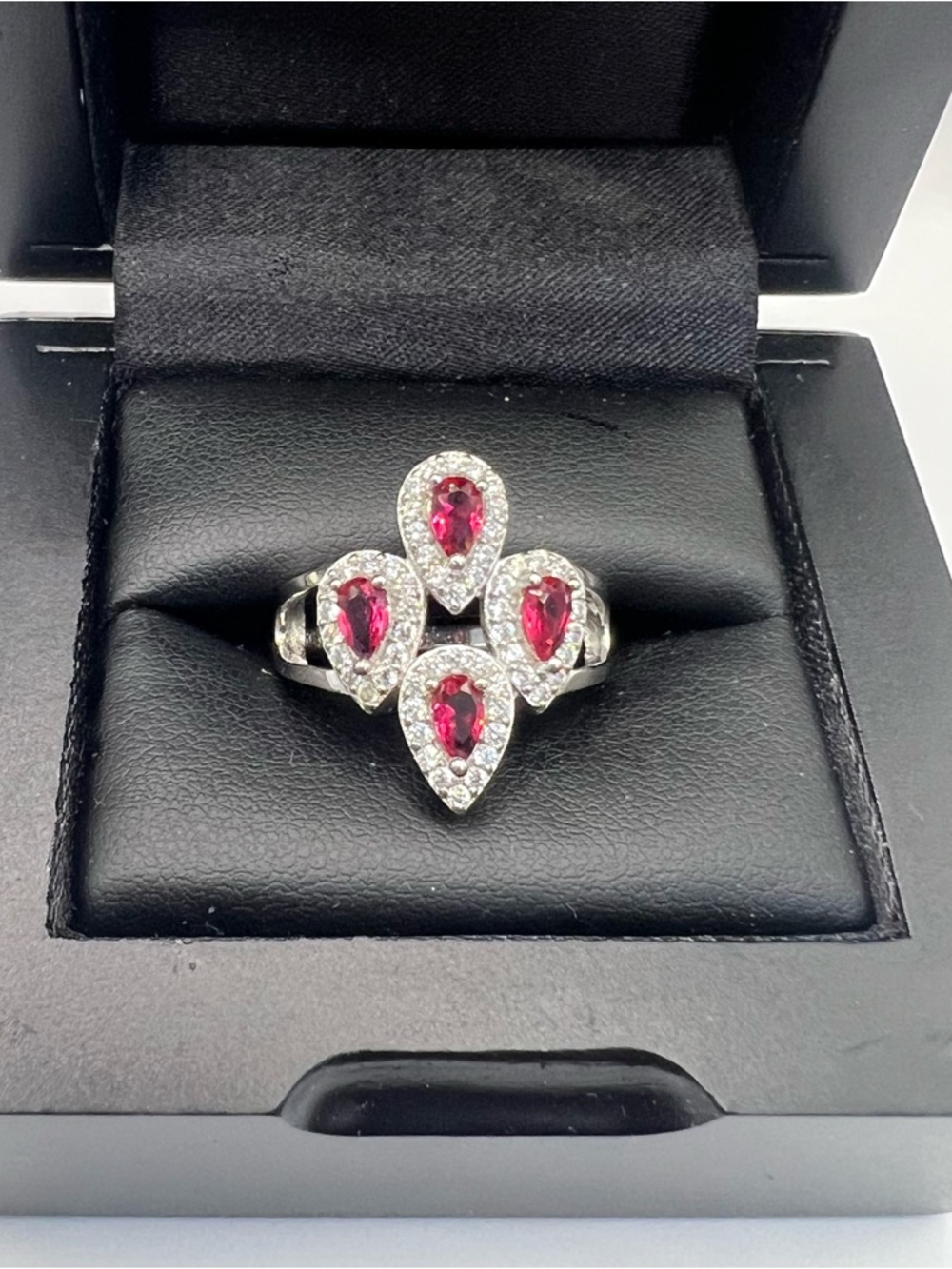 925 Sterling Silver Pear Shaped Rubies Halo Cluster Ring Size 8